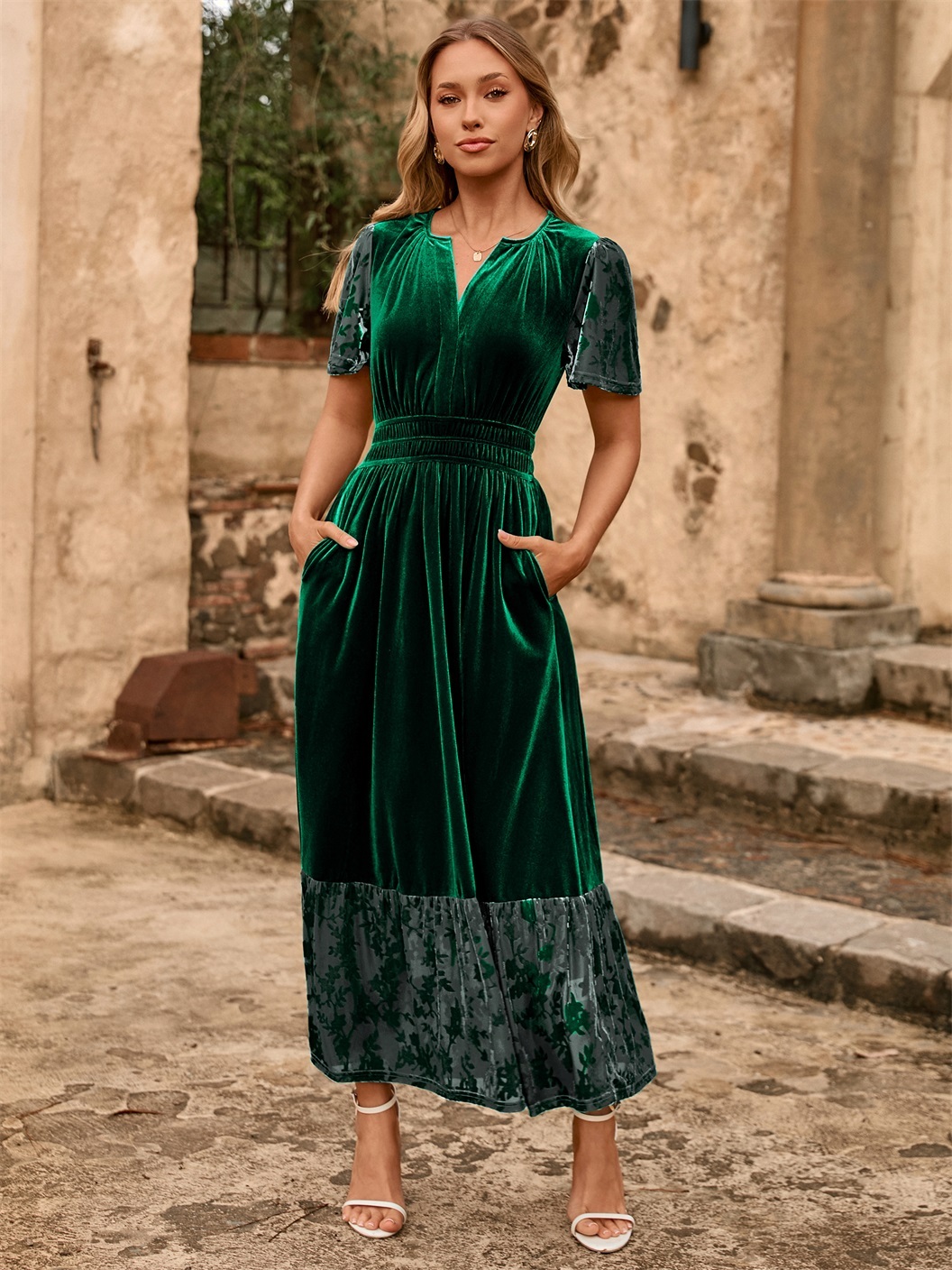 Velvet Floral Burnout V Neck Maxi Dress - Dark Green