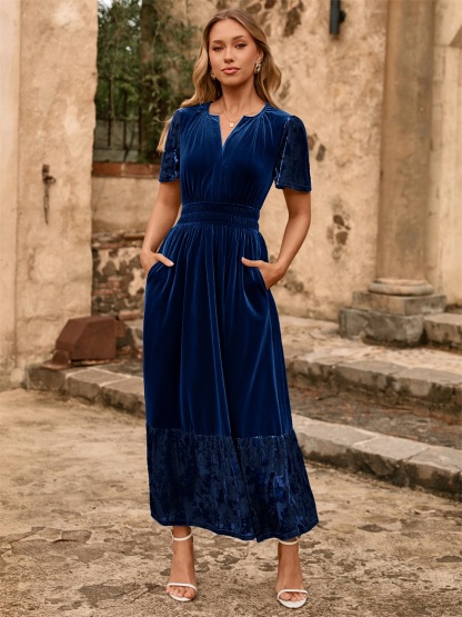 Velvet Floral Burnout V Neck Maxi Dress - Navy Blue