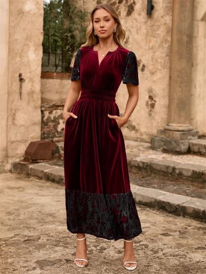 Velvet Floral Burnout V Neck Maxi Dress - Wine Red