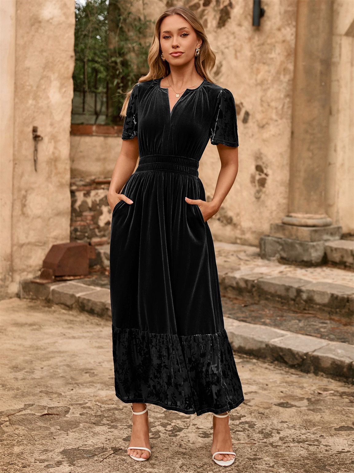 AK Women's Vintage Floral Mexican Dress - Embroidered Maxi Midi V-Neck Velvet Dress