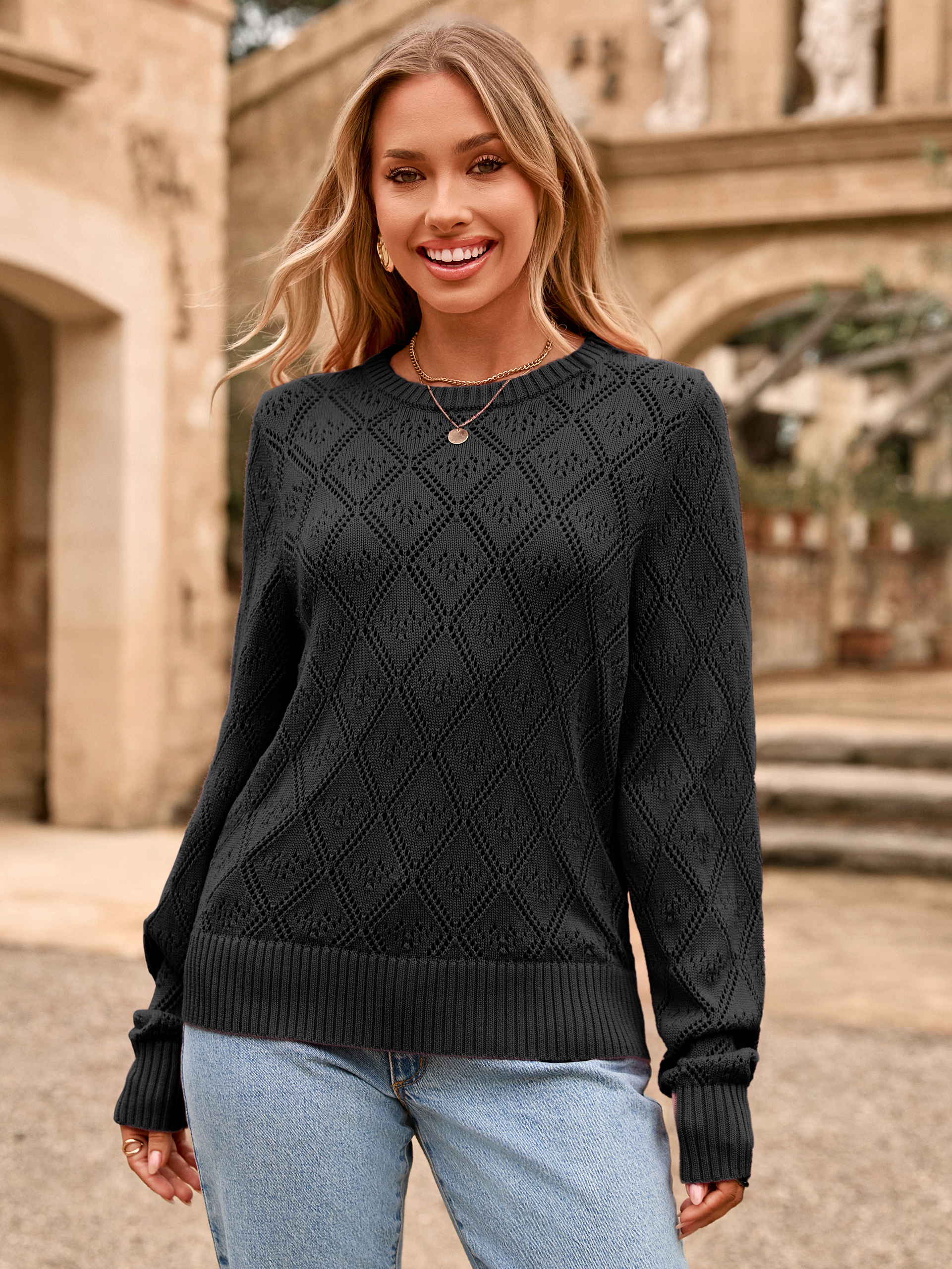 Diamond Pattern Crochet Lace Knit Pullover - Black