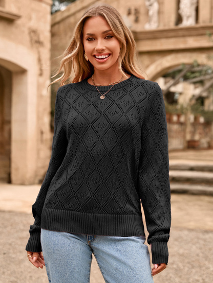 Diamond Pattern Crochet Lace Knit Pullover - Black