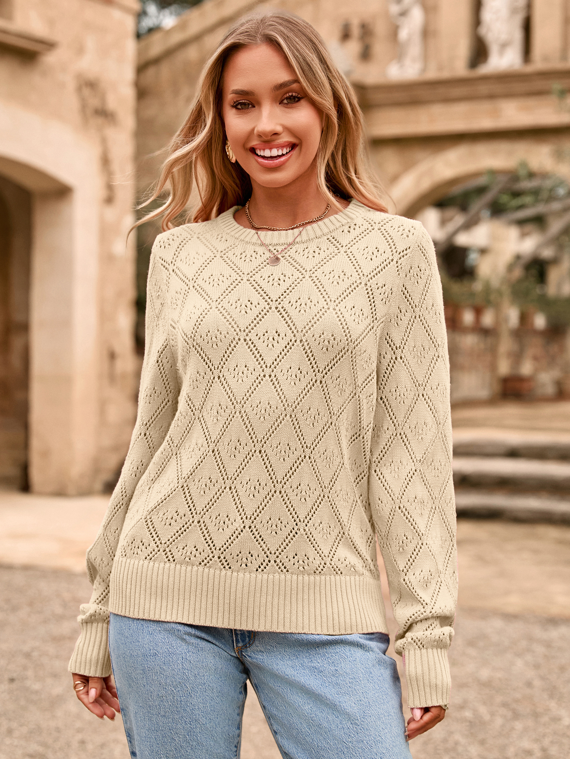 Diamond Pattern Crochet Lace Knit Pullover - Apricot