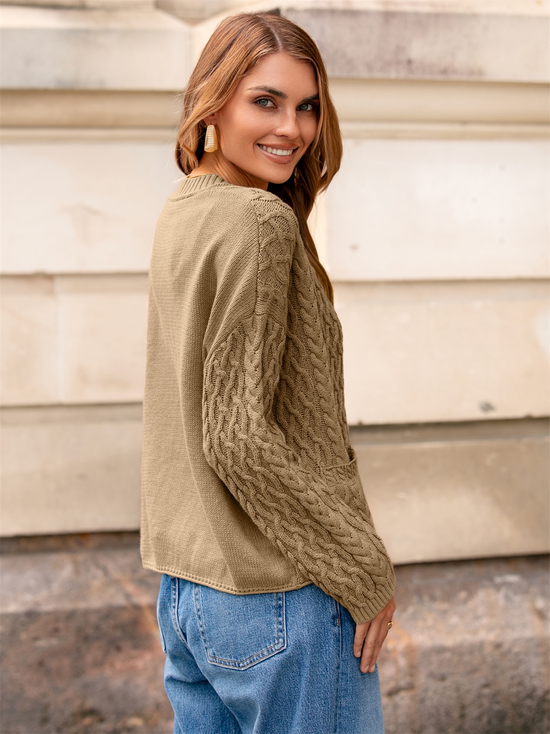 Cable Knit V Neck Buttoned Cardigan Sweater - Light Brown