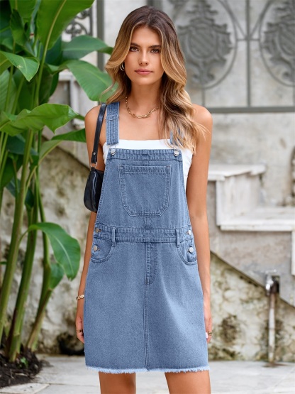 Square Neck Sleeveless Backless Mini Denim Dress - Denim Blue