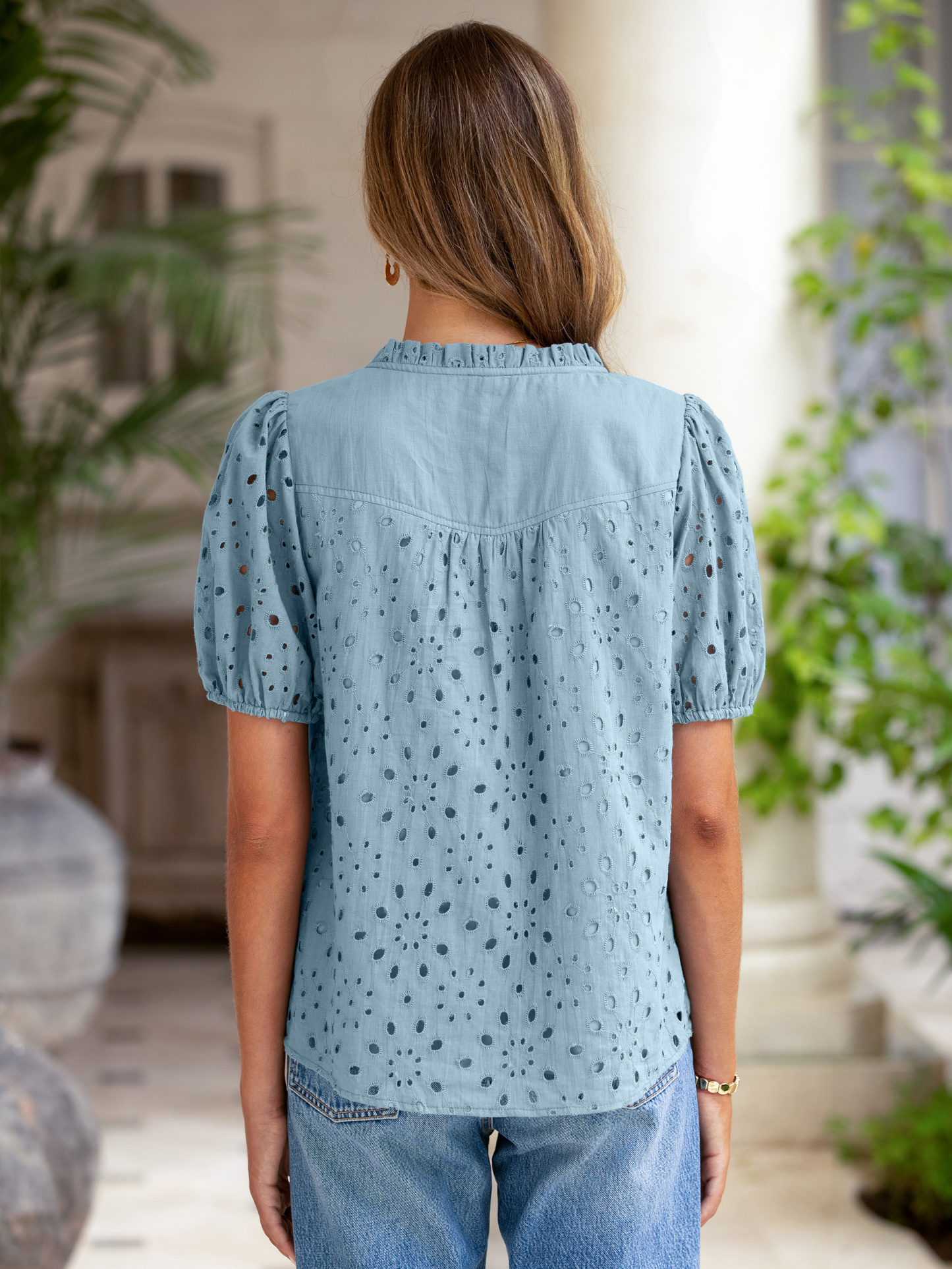 Hollow Out Puff Sleeve Cotton Lace Blouse - Grey Blue