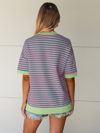 Striped Color Block Drop Shoulder Casual T-Shirt
