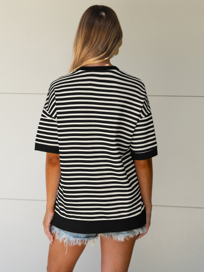 Striped Color Block Drop Shoulder Casual T-Shirt
