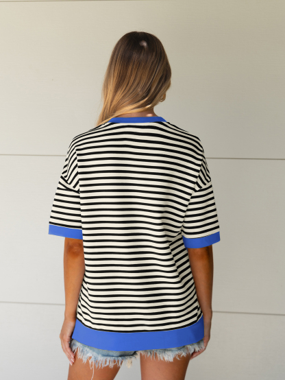 Striped Color Block Drop Shoulder Casual T-Shirt