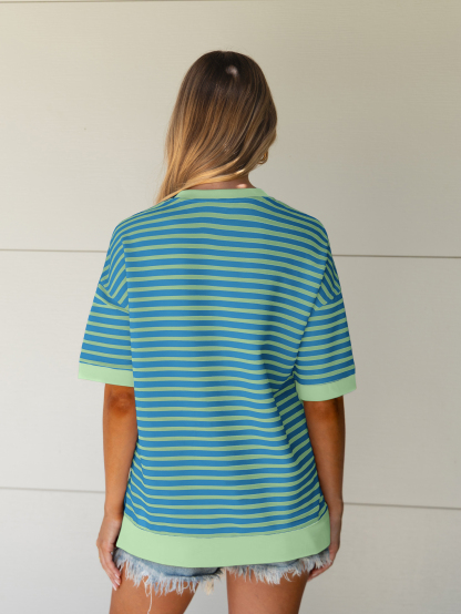 Striped Color Block Drop Shoulder Casual T-Shirt