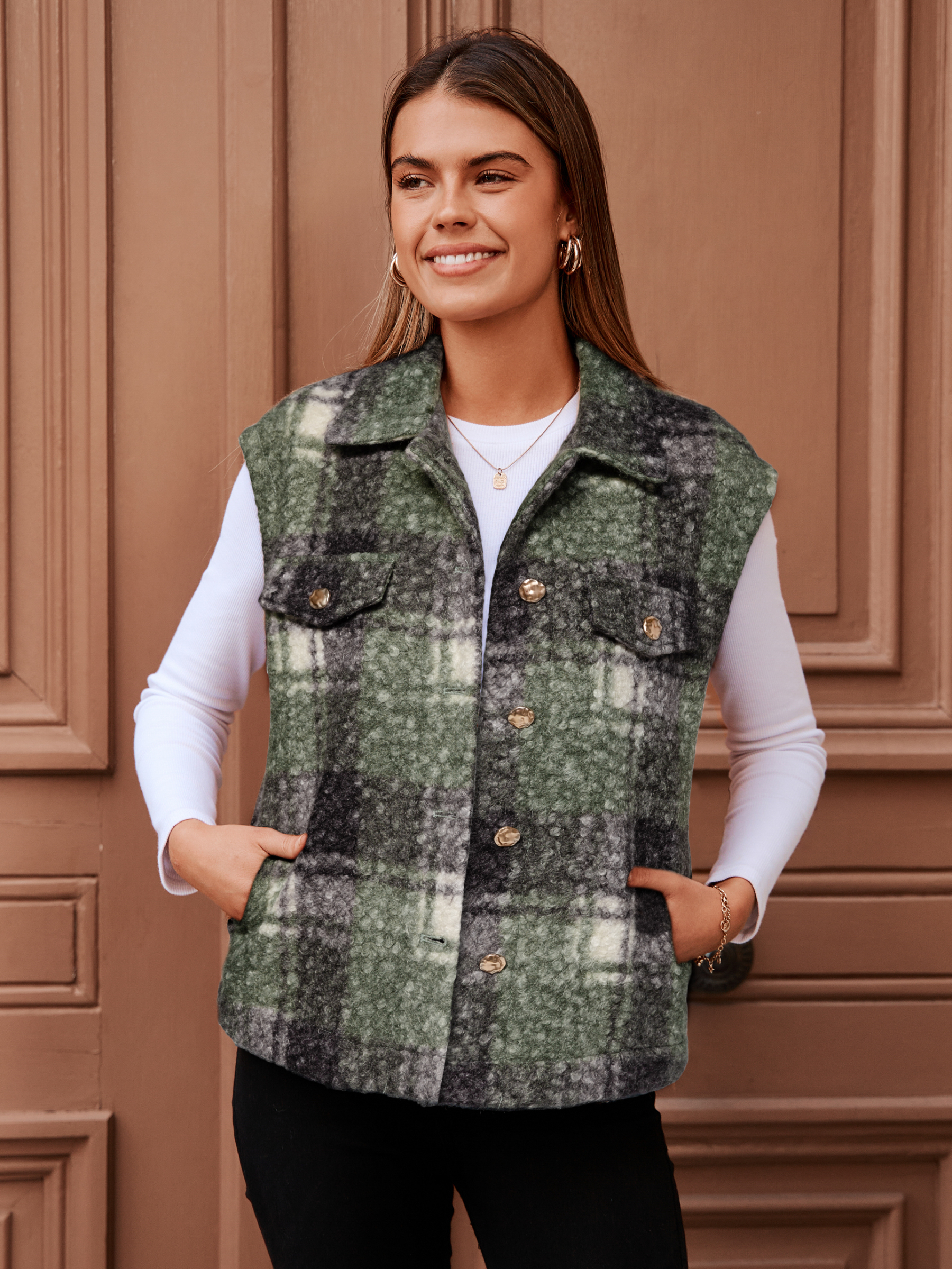 Plaid Faux Fur Sleeveless Button Up Fleece Vest - Plaid Green
