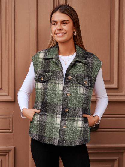 Plaid Faux Fur Sleeveless Button Up Fleece Vest - Plaid Green