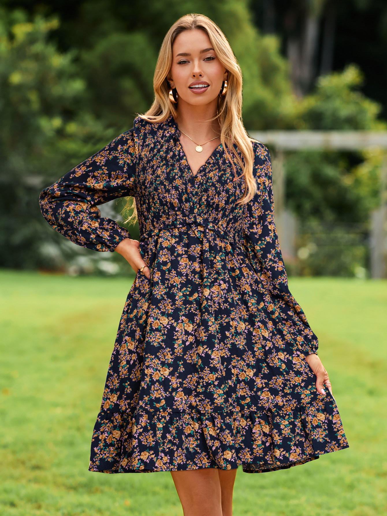 Floral Ruffle Empire Waist Babydoll Mini Dress - Floral Navy