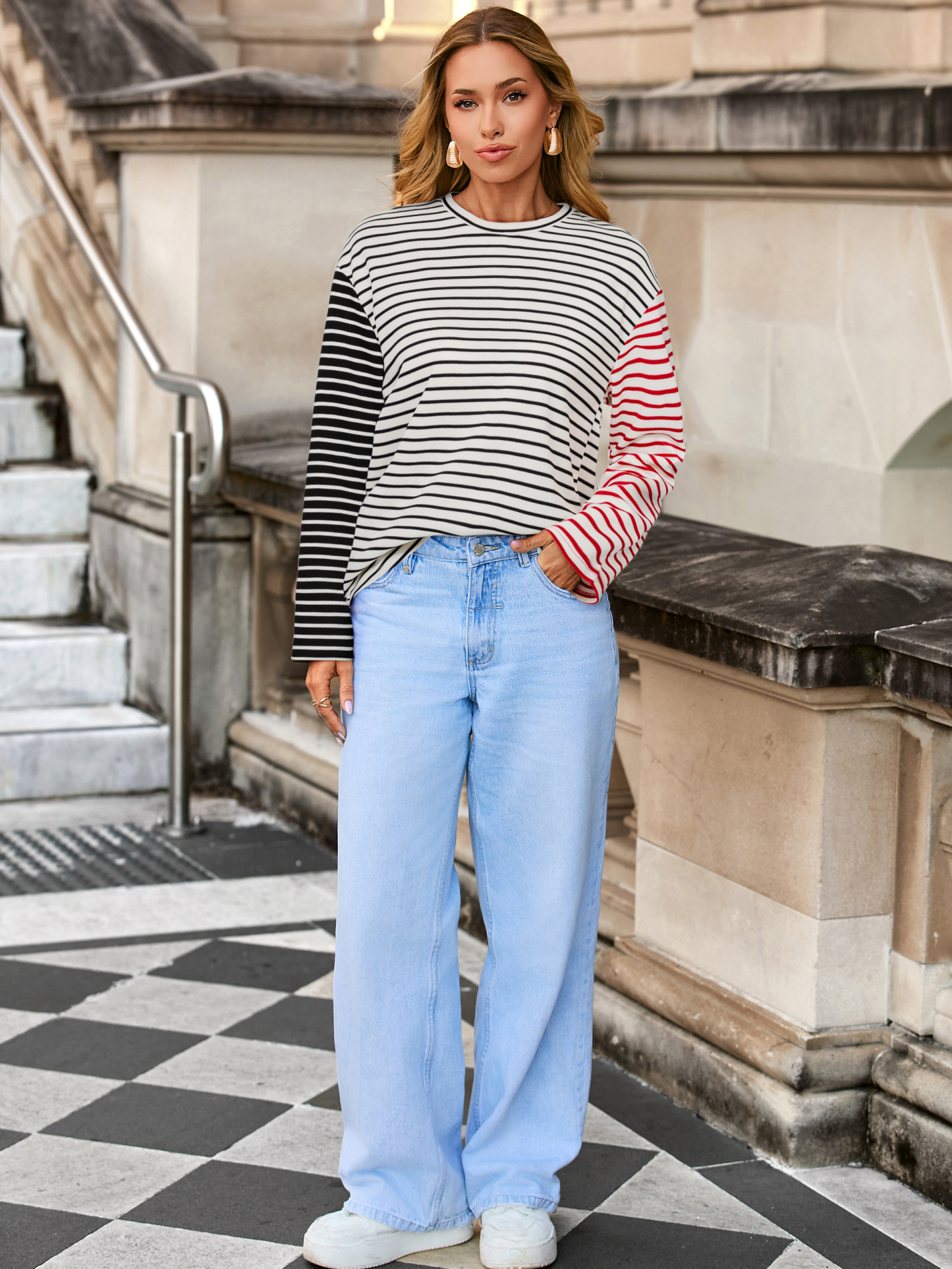 Striped Crew Neck Casual Sweatshirt - Black White