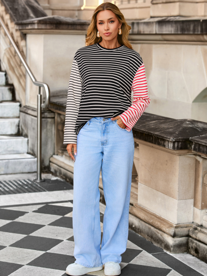 Striped Crew Neck Casual Sweatshirt - White Black