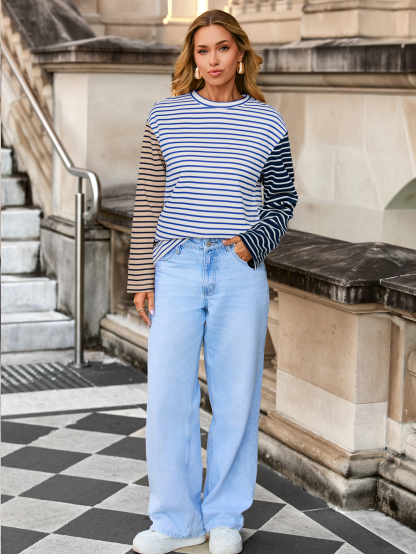 Striped Crew Neck Casual Sweatshirt -  Navy White