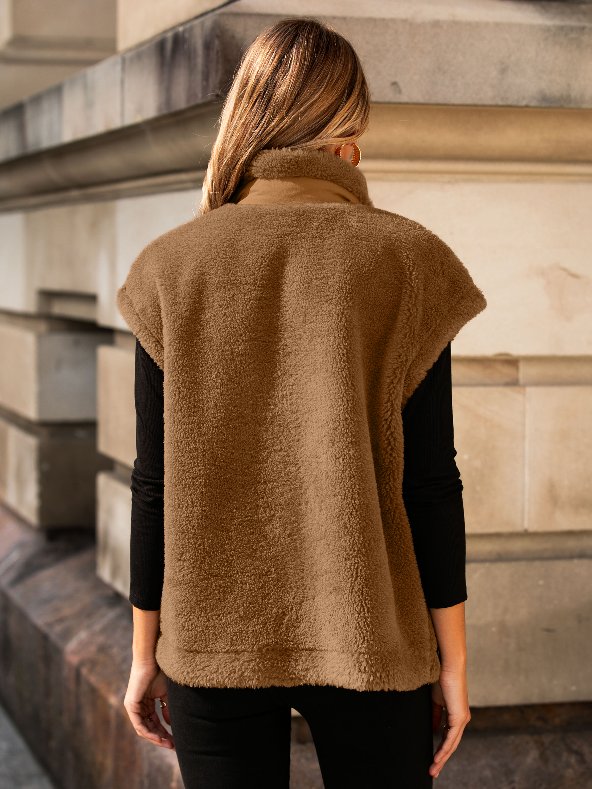 Fluffy Faux Fur Sherpa Vest Sleeveless Jacket - Brown