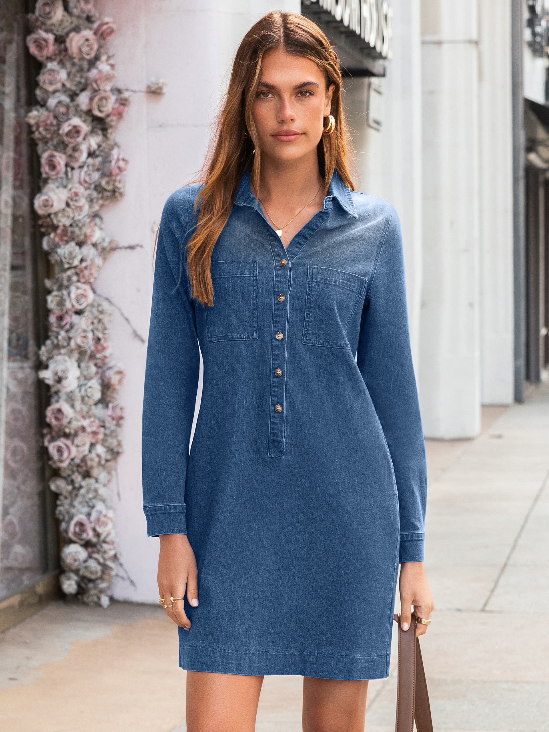 Long Sleeve Pocket Denim Mini Shirt Dress - Denim Dark Blue