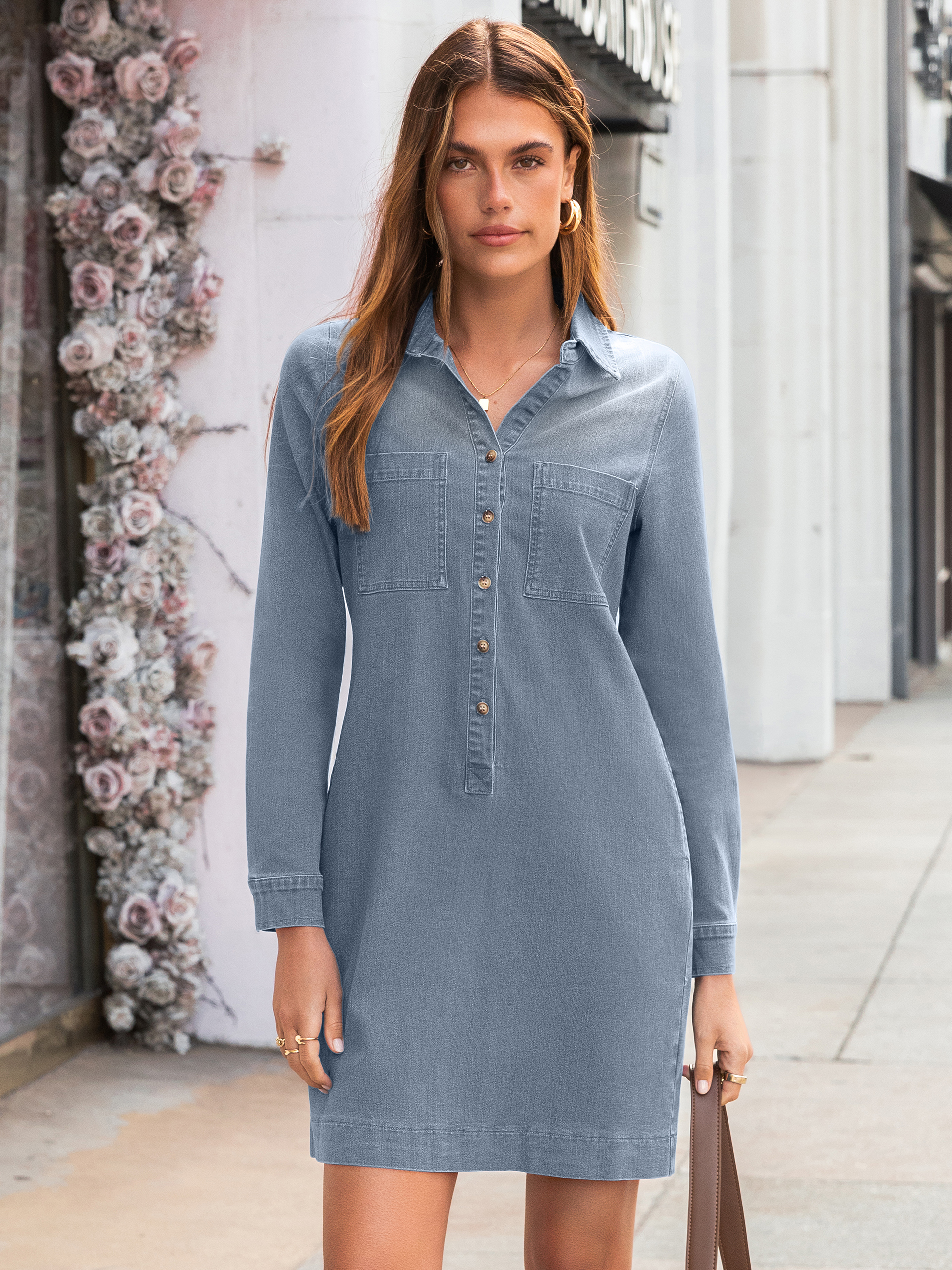 Long Sleeve Pocket Denim Mini Shirt Dress - Denim Light Blue