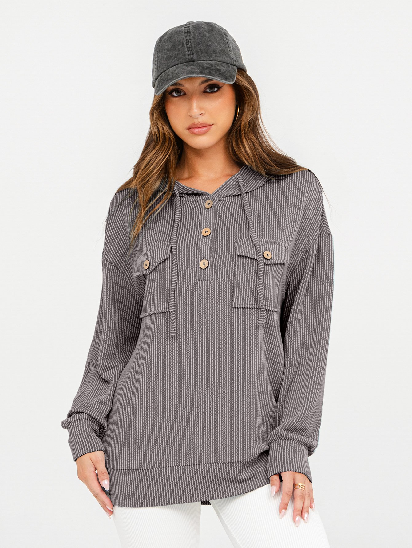 Striped Oversized Hoodie Pullover with Pocket - Grey