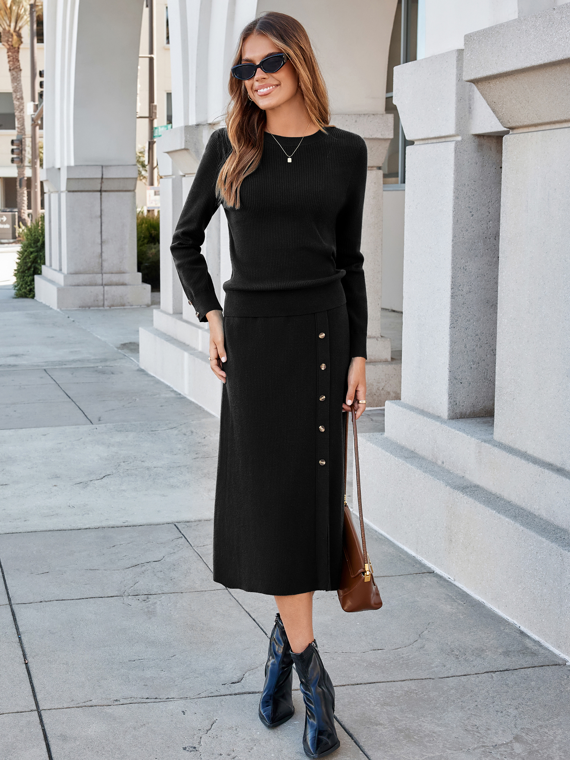 Crewneck Ribbed Knit Long Sleeve Midi Skirt Set