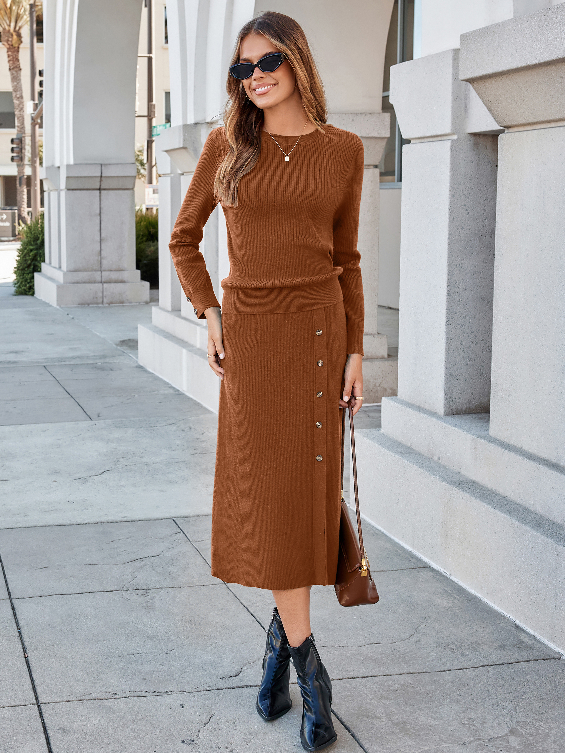 Crewneck Ribbed Knit Long Sleeve Midi Skirt Set