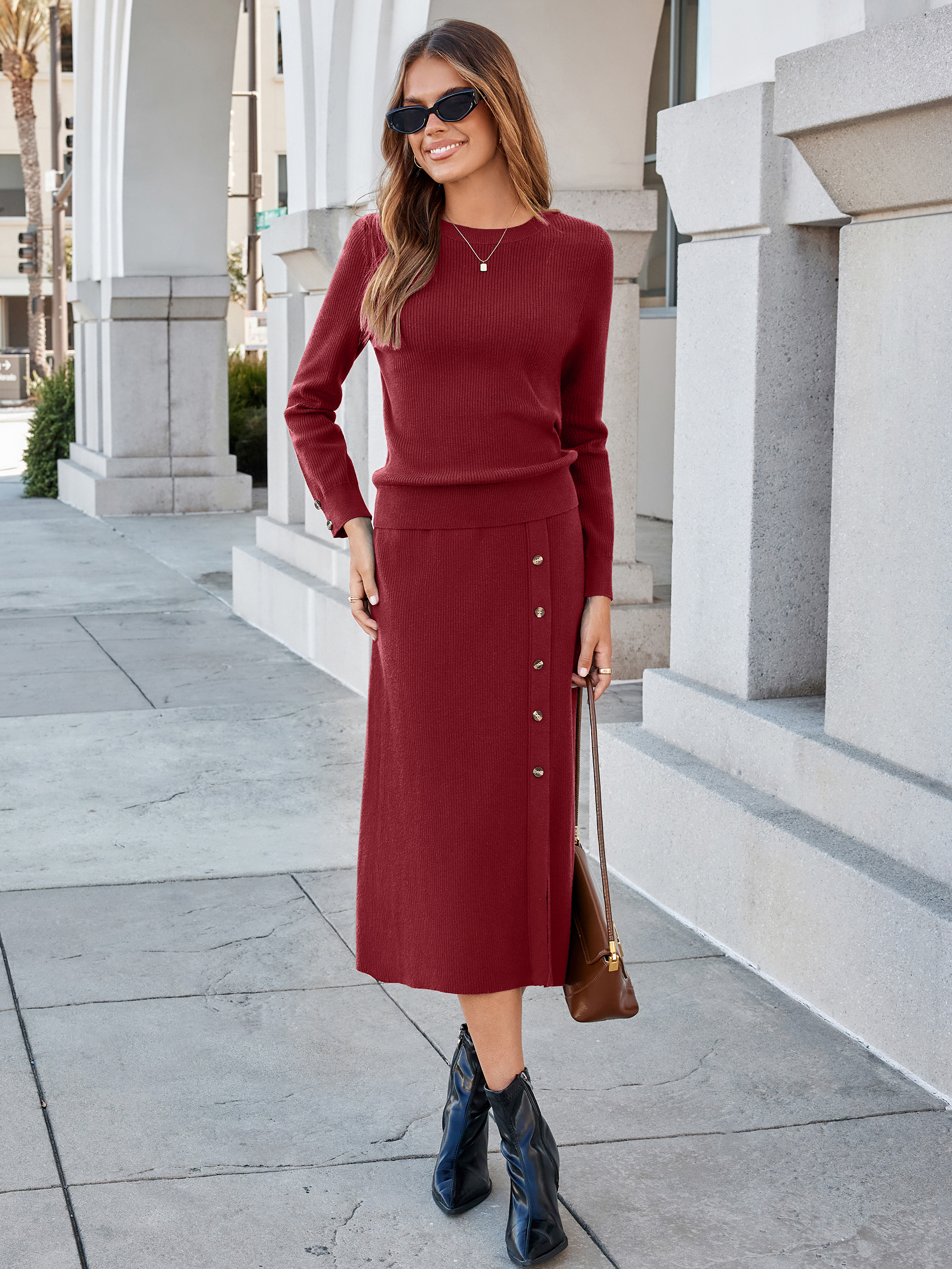 Crewneck Ribbed Knit Long Sleeve Midi Skirt Set