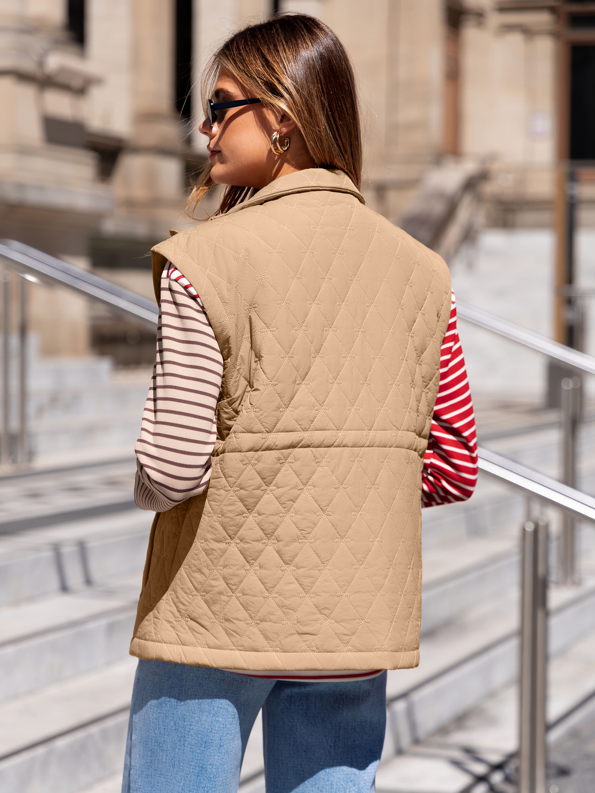 Quilted Drawstring High Waist Puffer Vest - Khaki