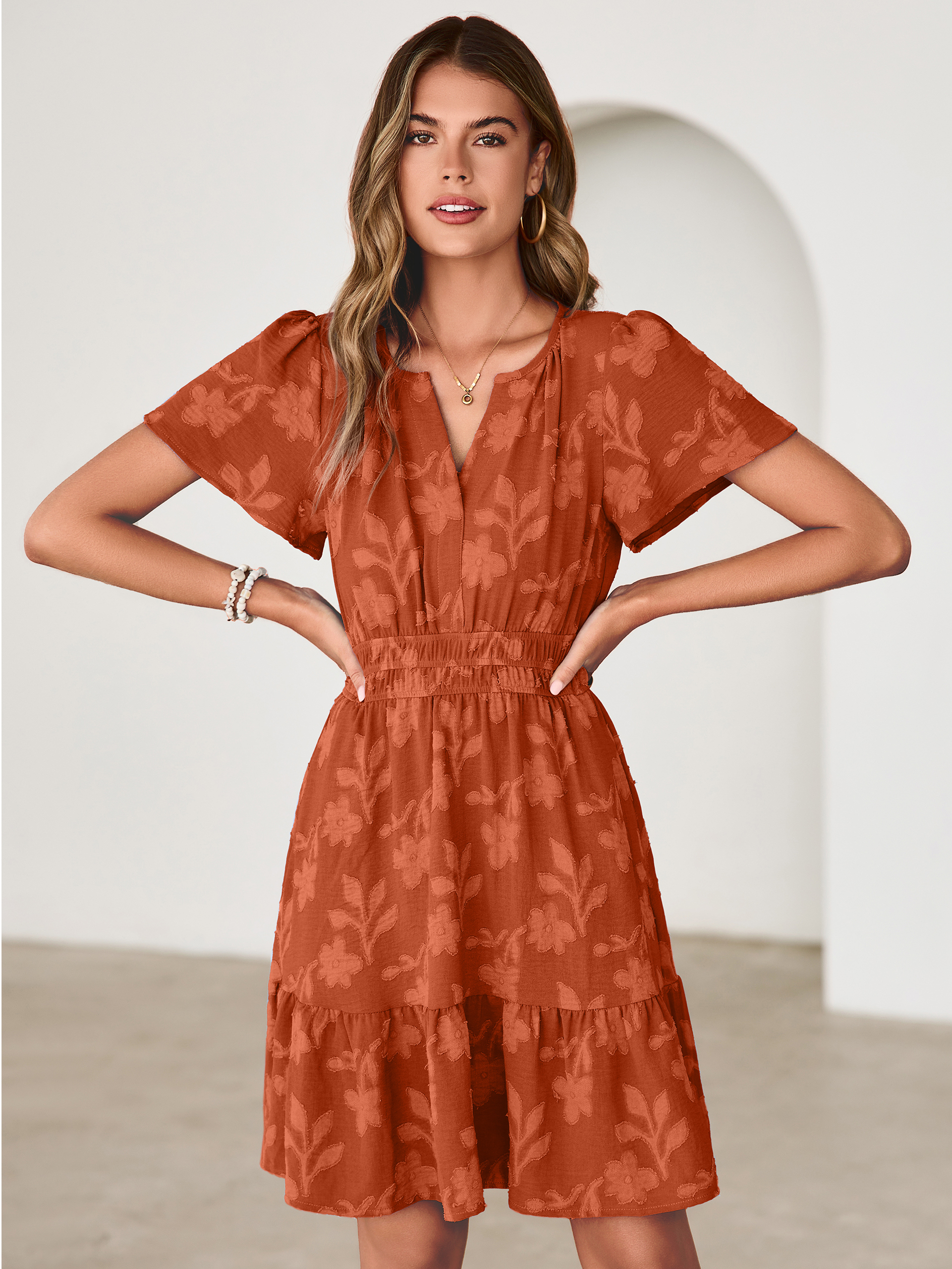 Floral Jacquard V Neck Short Sleeve Mini Dress