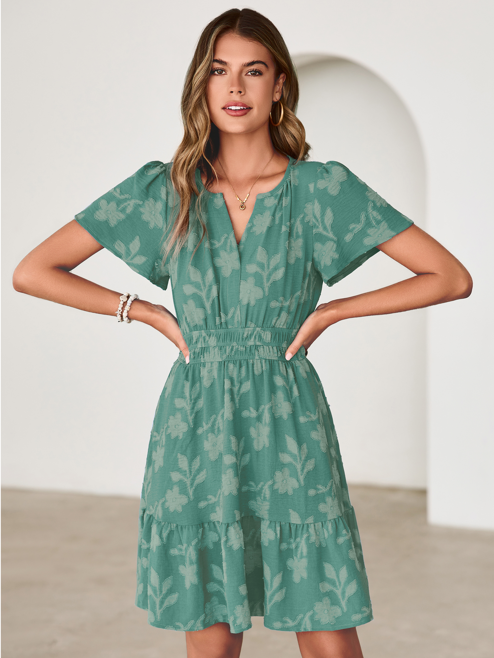 Floral Jacquard V Neck Short Sleeve Mini Dress