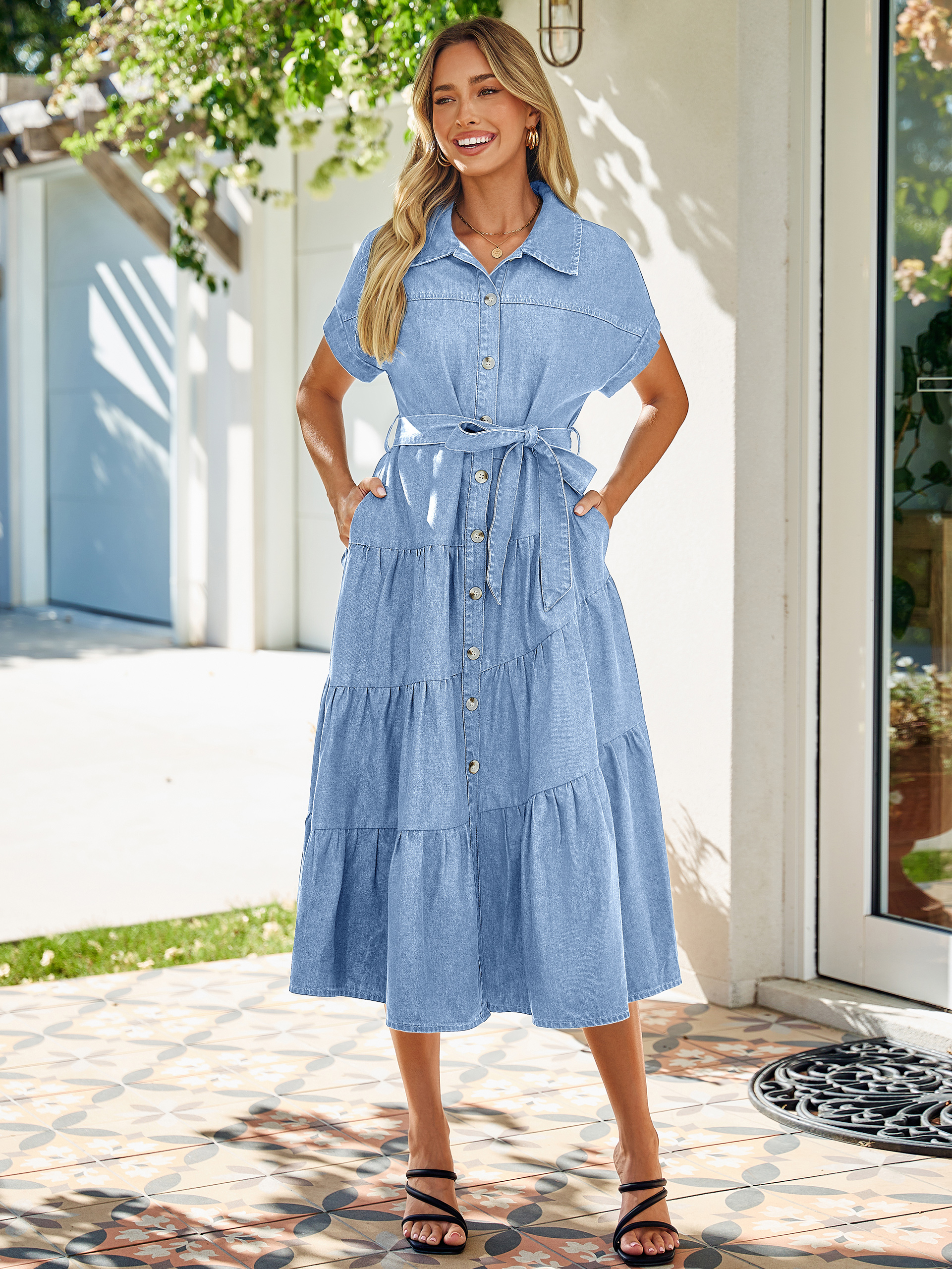 Short Sleeve Denim Belted Tiered Maxi Dress