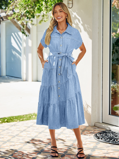 Short Sleeve Denim Belted Tiered Maxi Dress