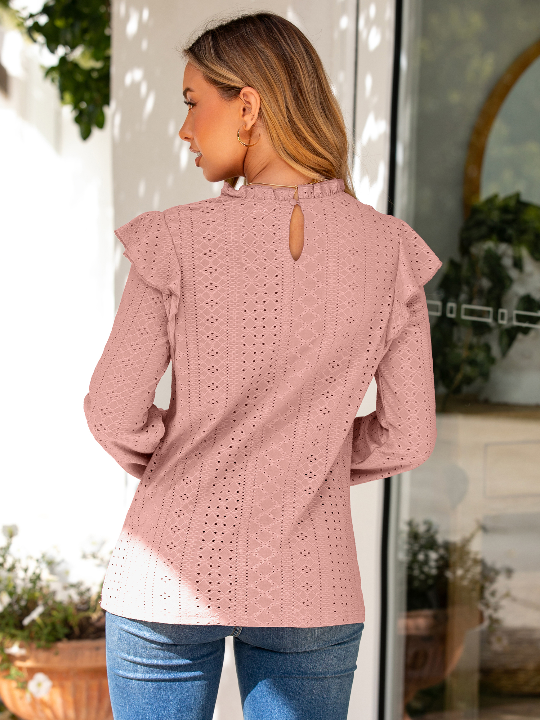 Ruffle Eyelet Crochet Long Sleeve Blouse