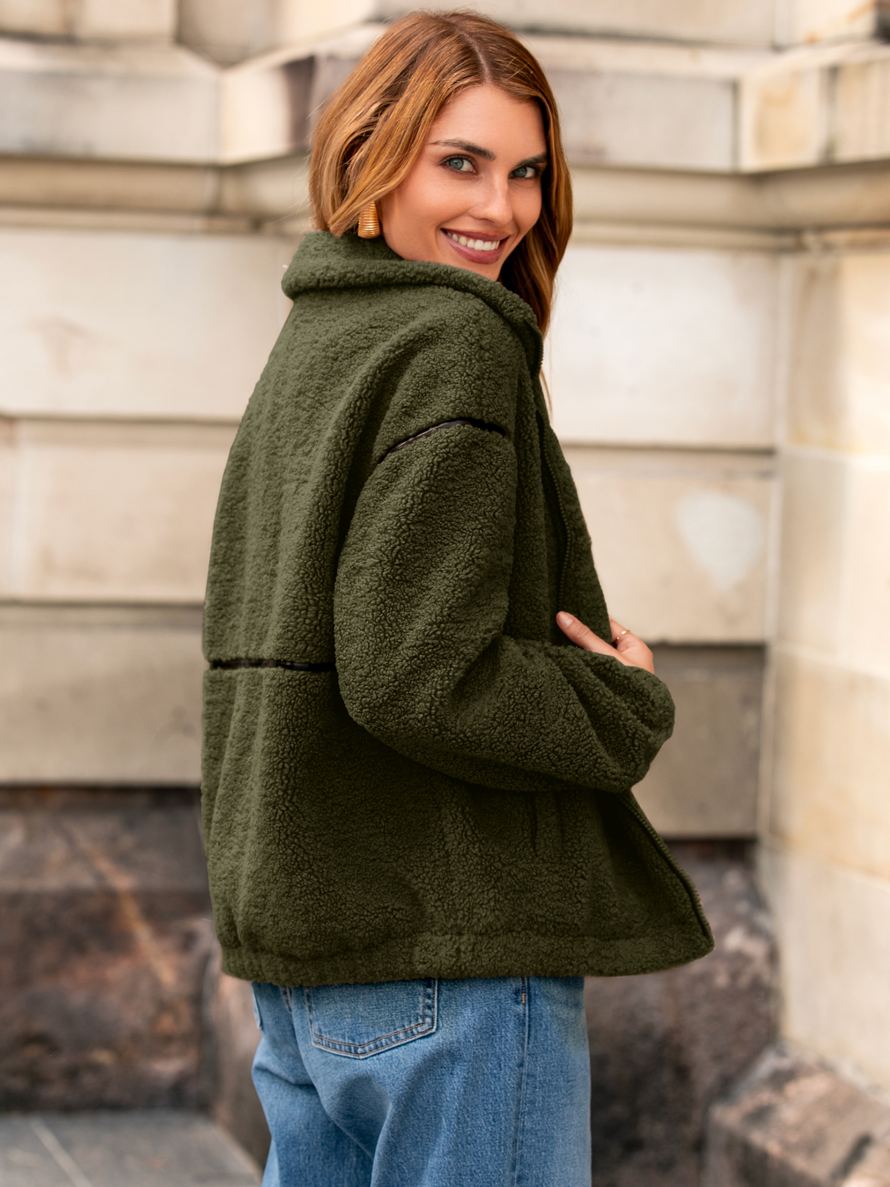 Sherpa Fuzzy Fleece Zip Up Jacket with Pockets