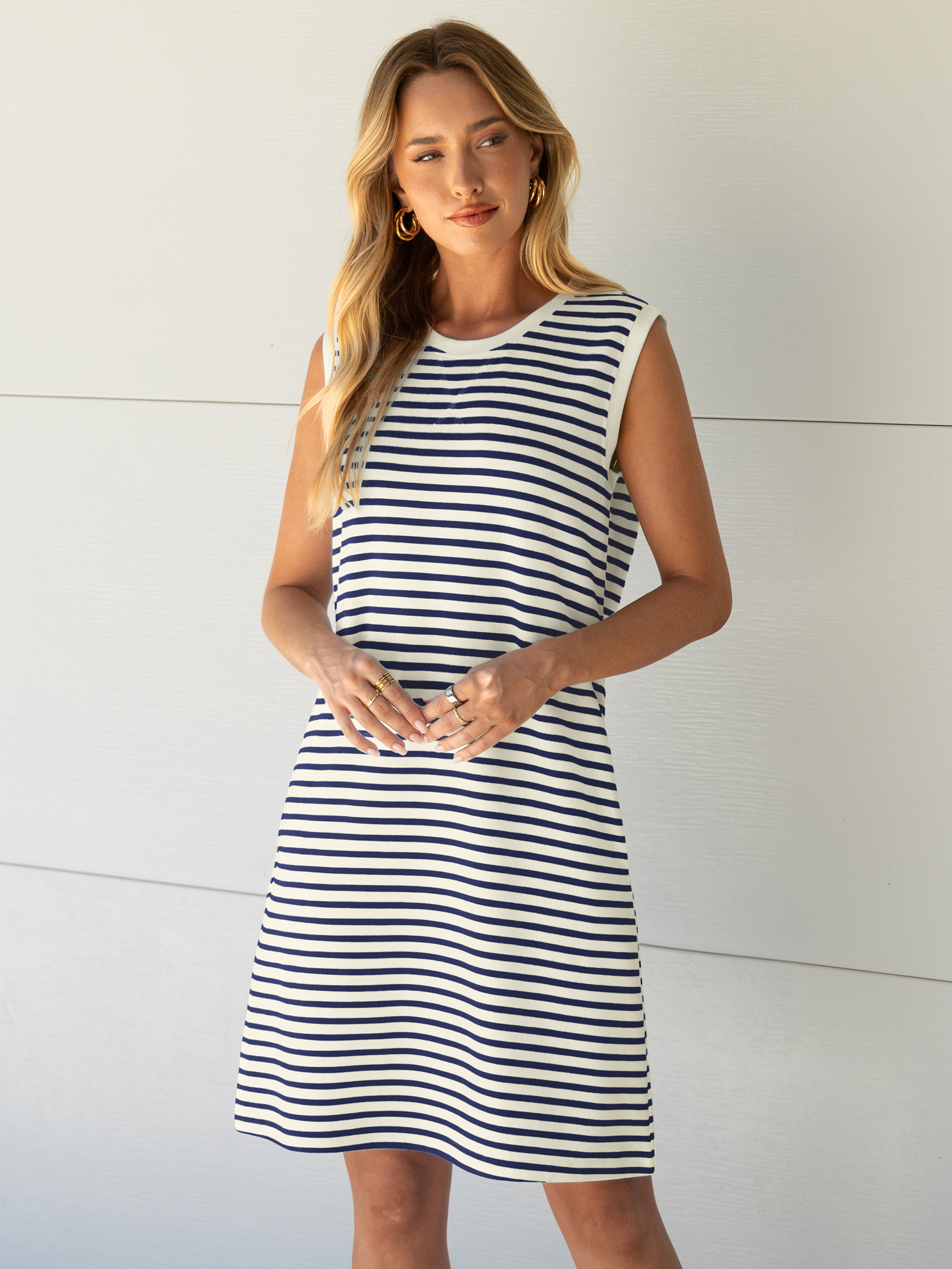 Striped Sleeveless Round Neck Mini Dress - White Navy Stripe