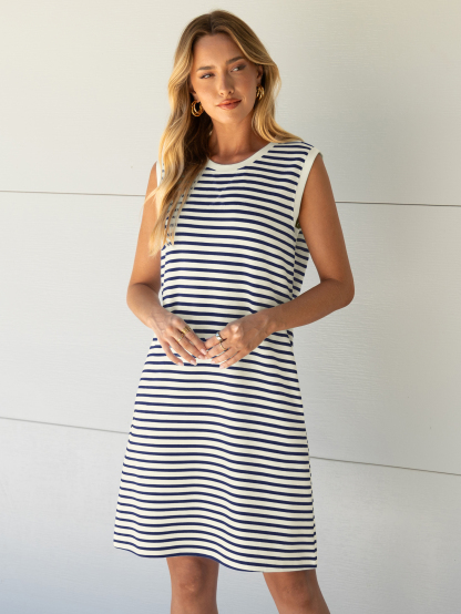 Striped Sleeveless Round Neck Mini Dress - White Navy Stripe