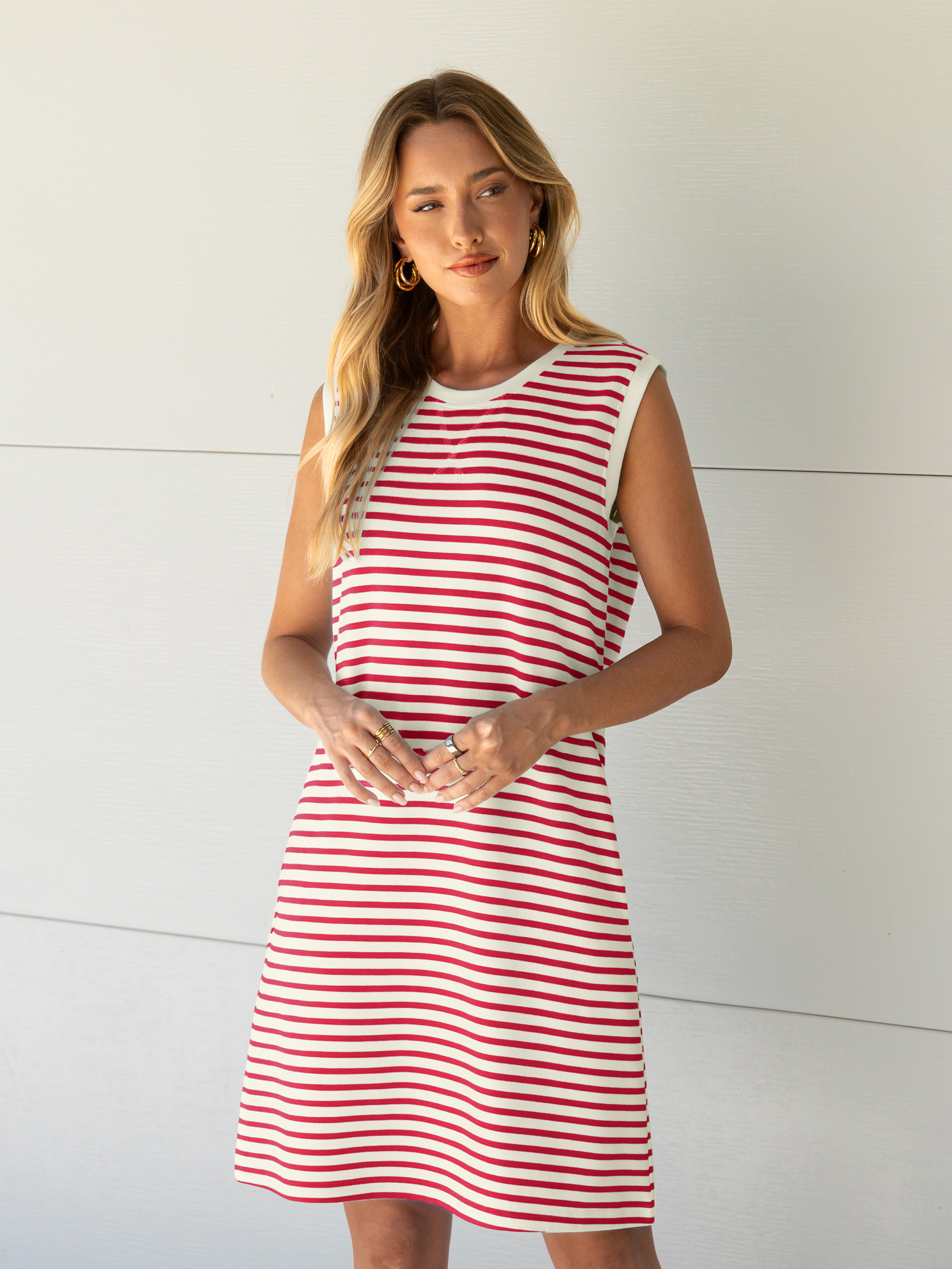 Striped Sleeveless Round Neck Mini Dress - White Red Stripe