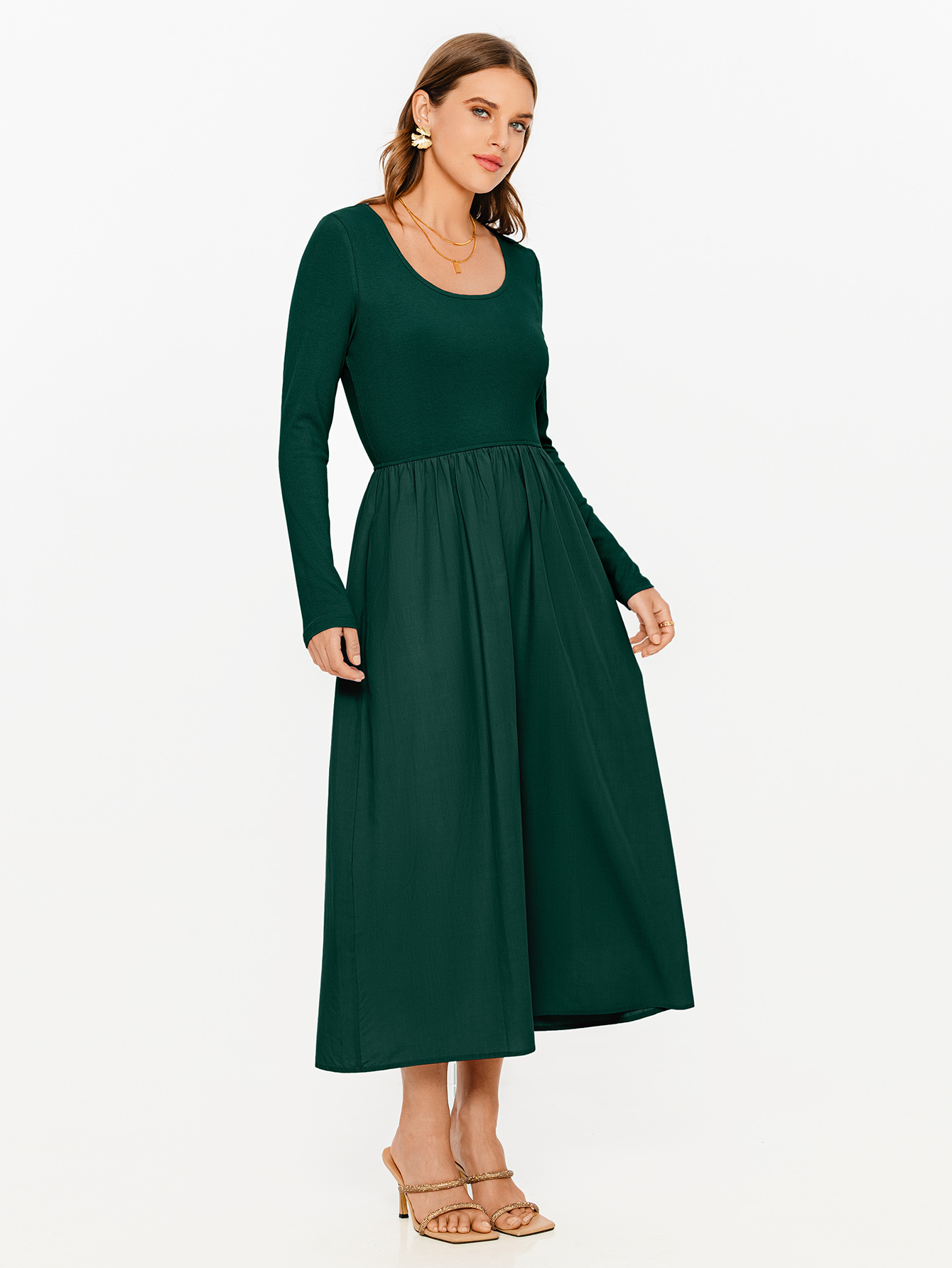 Knit Long Sleeve Midi Dress with Side Pockets