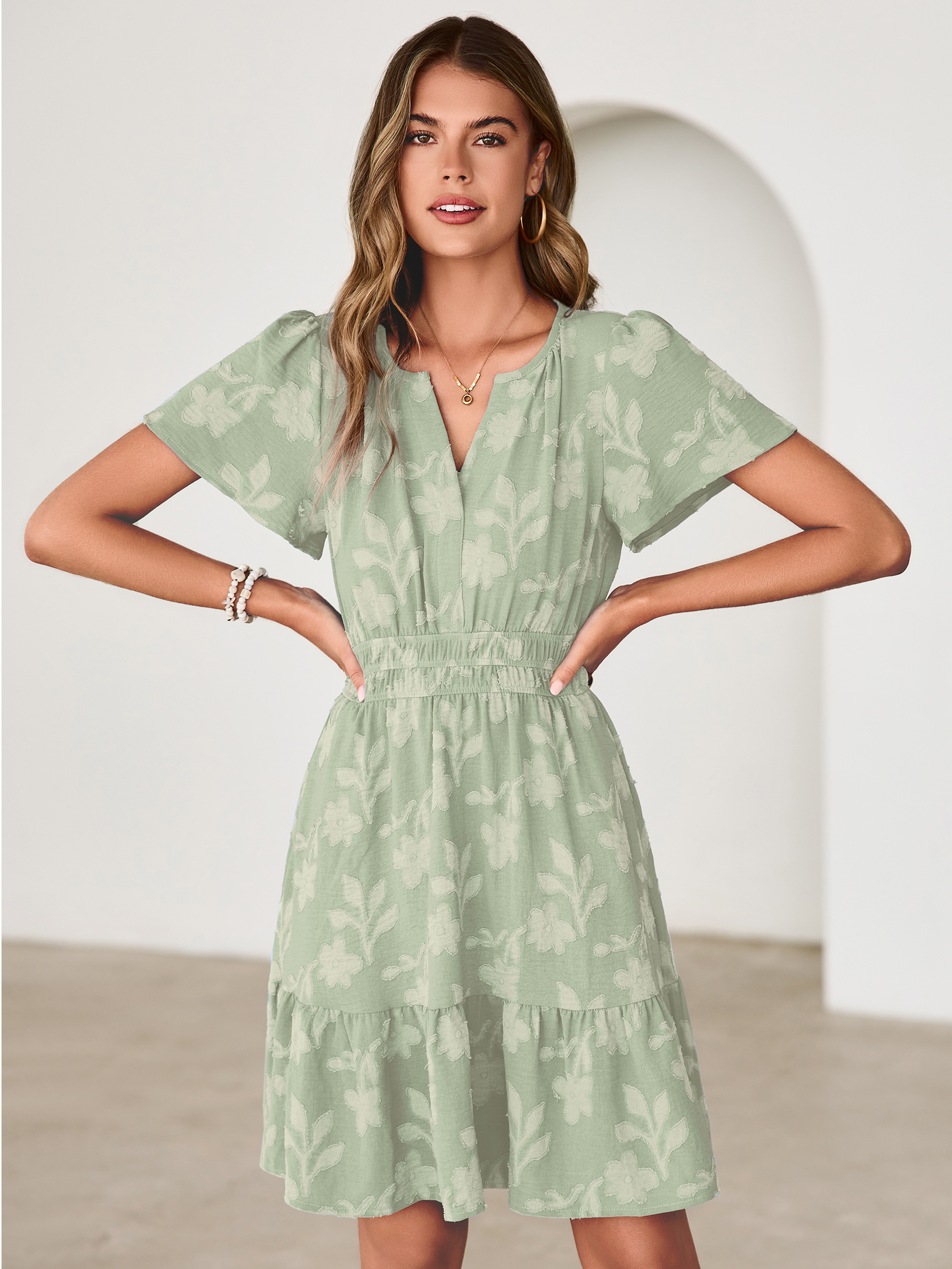 Floral Jacquard V Neck Short Sleeve Mini Dress