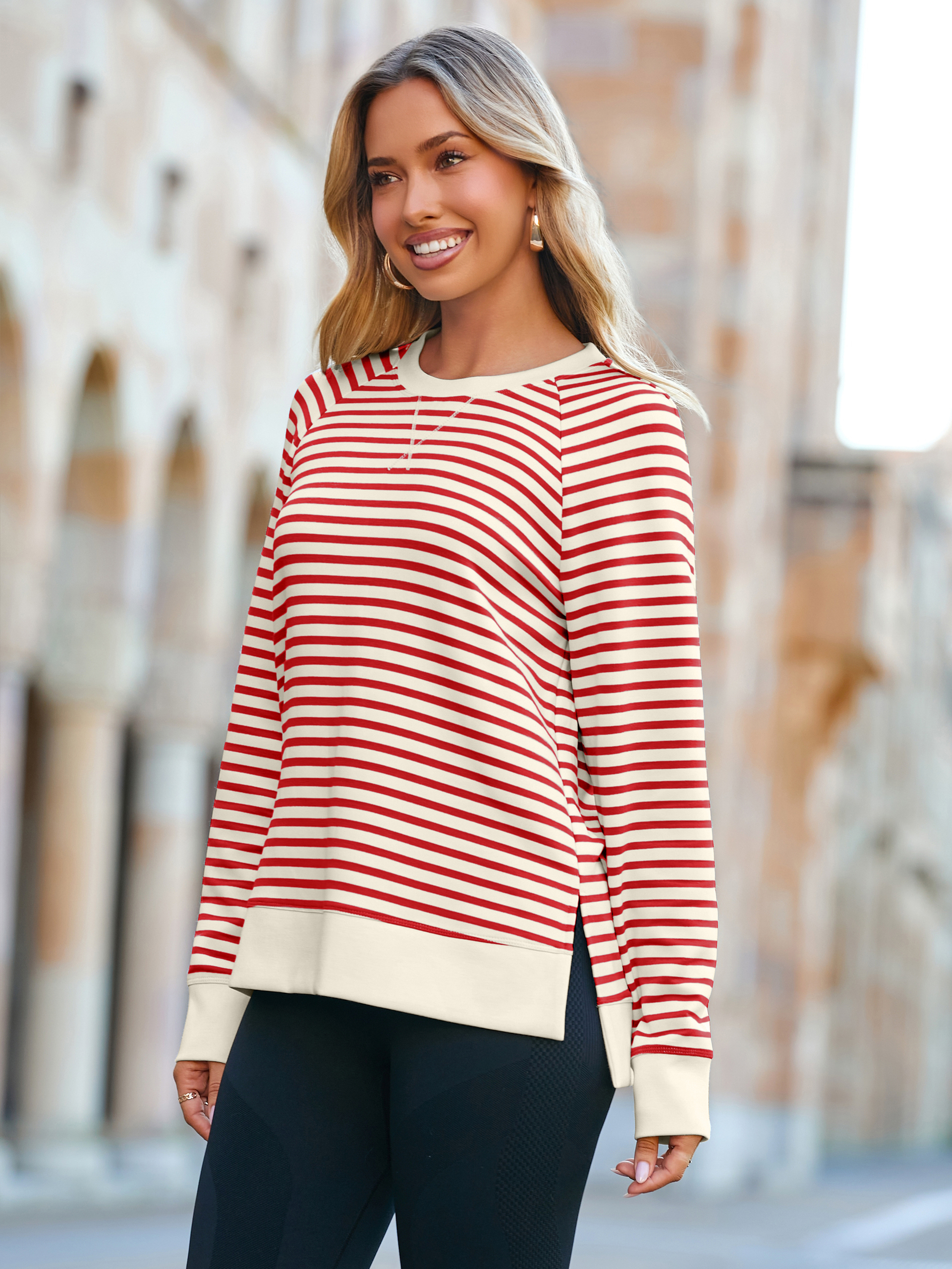 Striped Crewneck Raglan Long Sleeve Sweatshirt