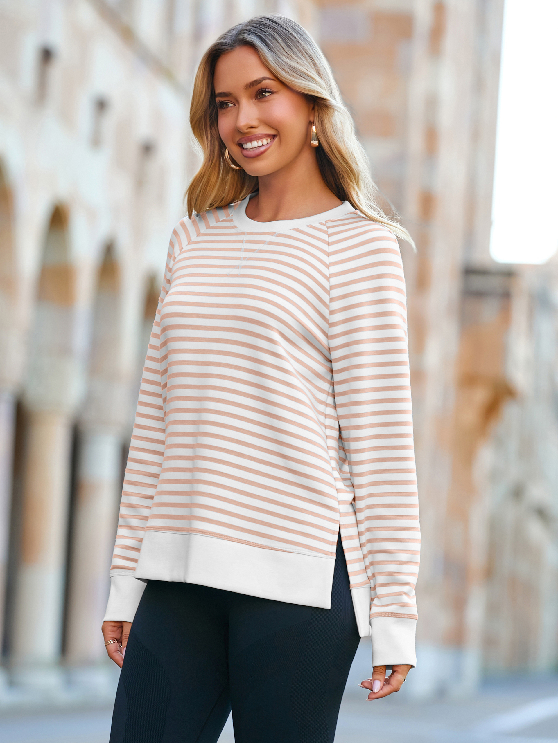 Striped Crewneck Raglan Long Sleeve Sweatshirt