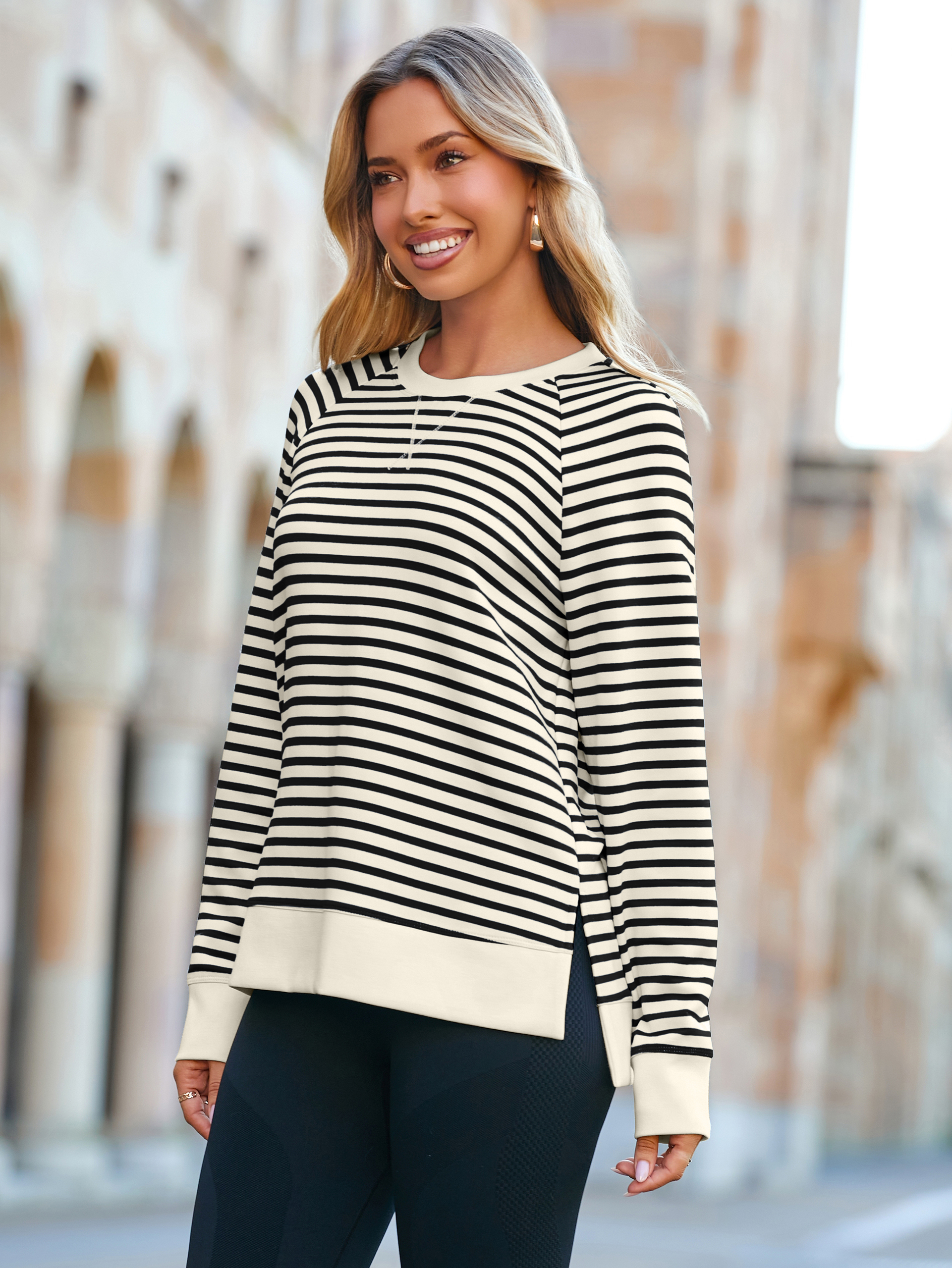 Striped Crewneck Raglan Long Sleeve Sweatshirt