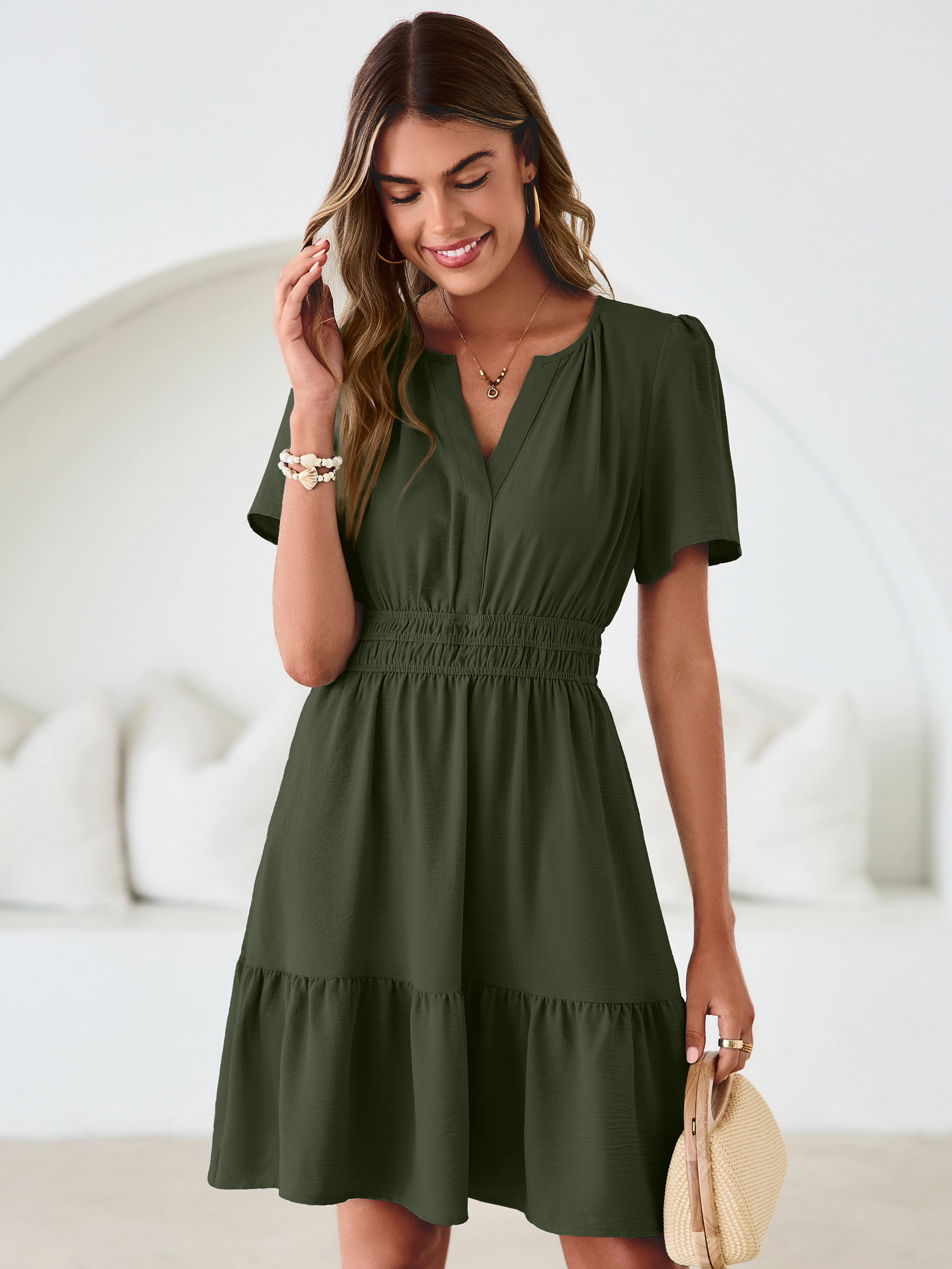 V Neck Smocked Waist Ruffle Hem Mini Dress