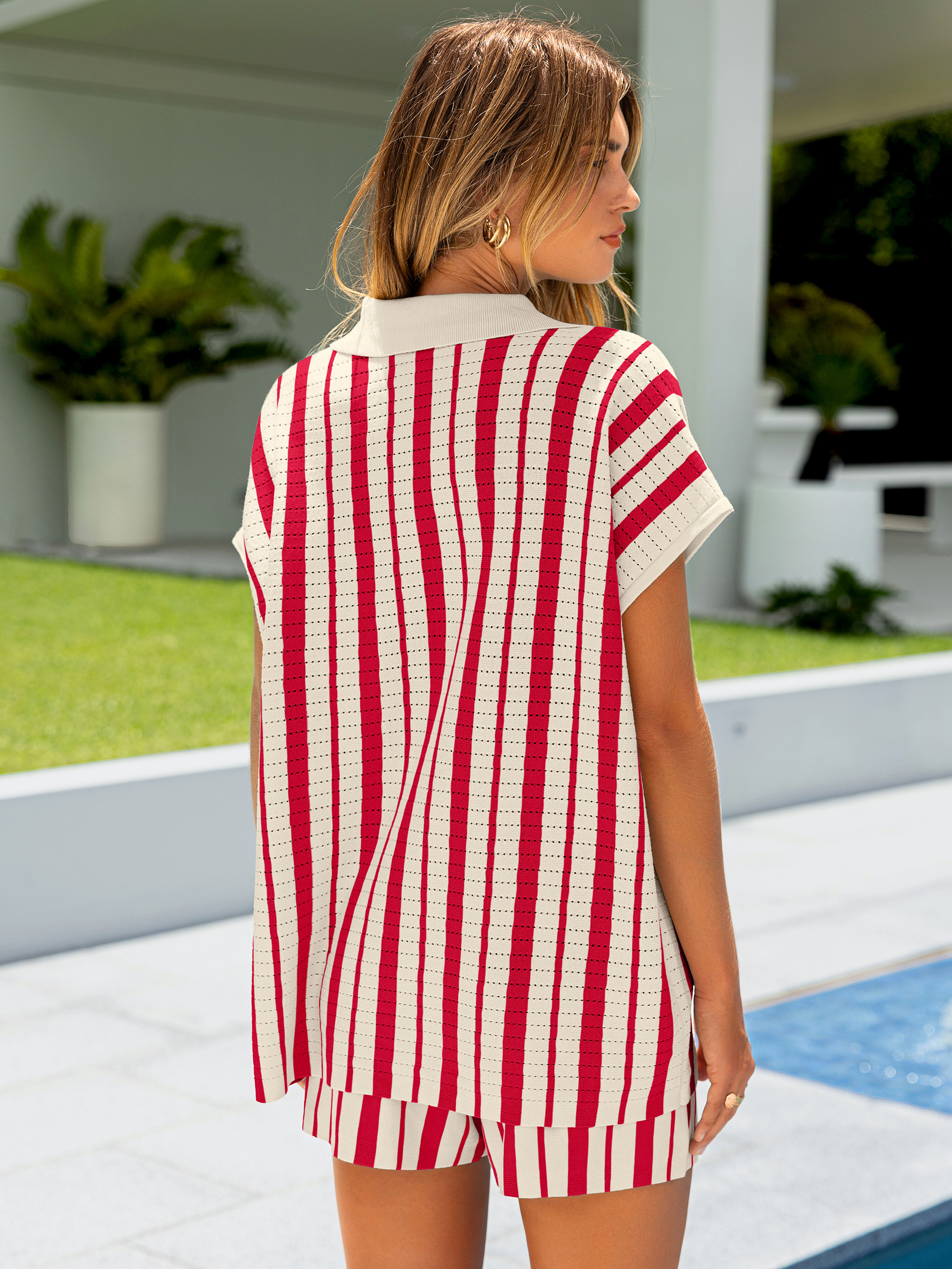 Striped Crochet Knit Shirt and Shorts 2-Piece Set