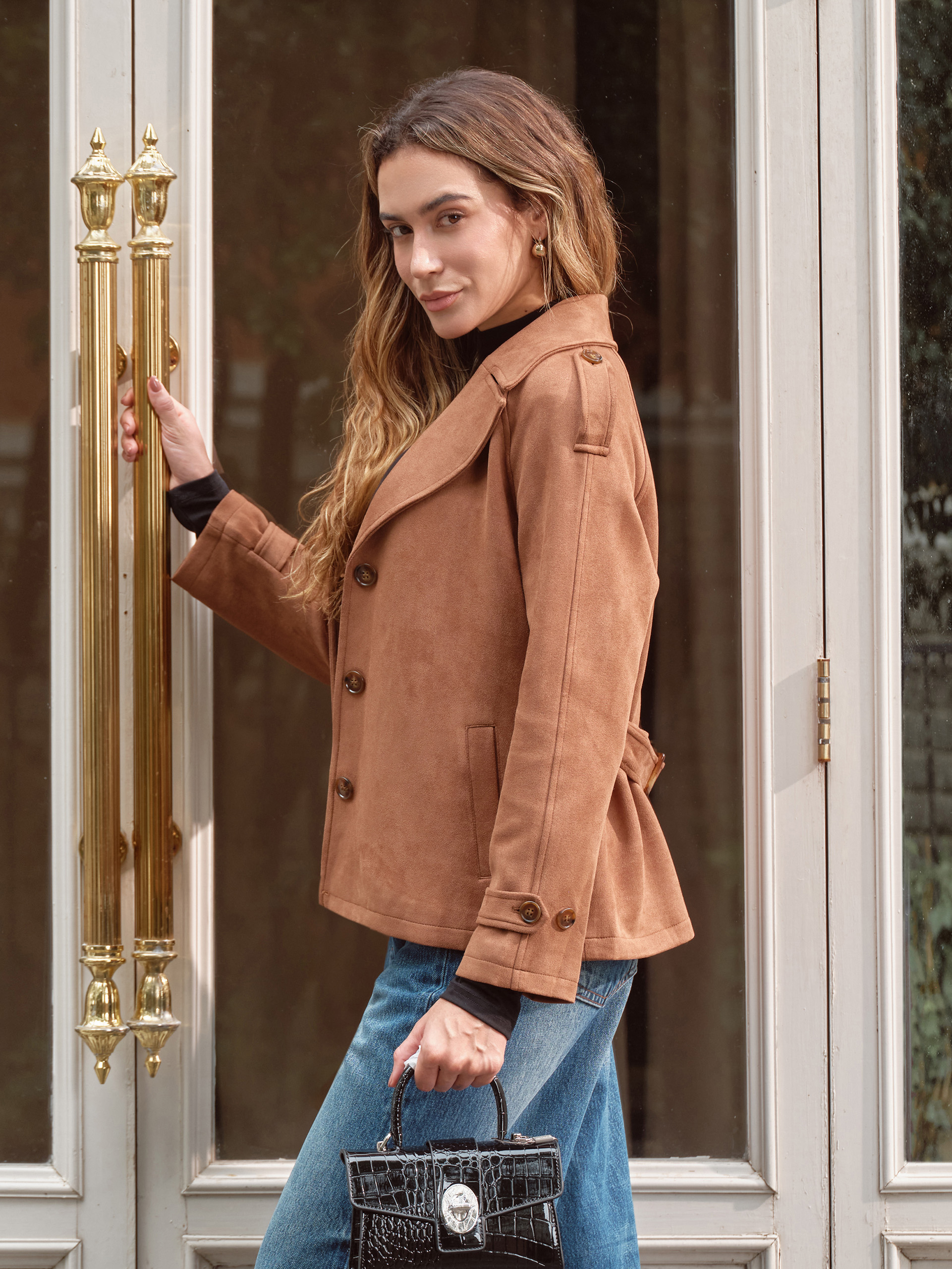 Classic Lapel Belted Faux Suede Trench Jacket
