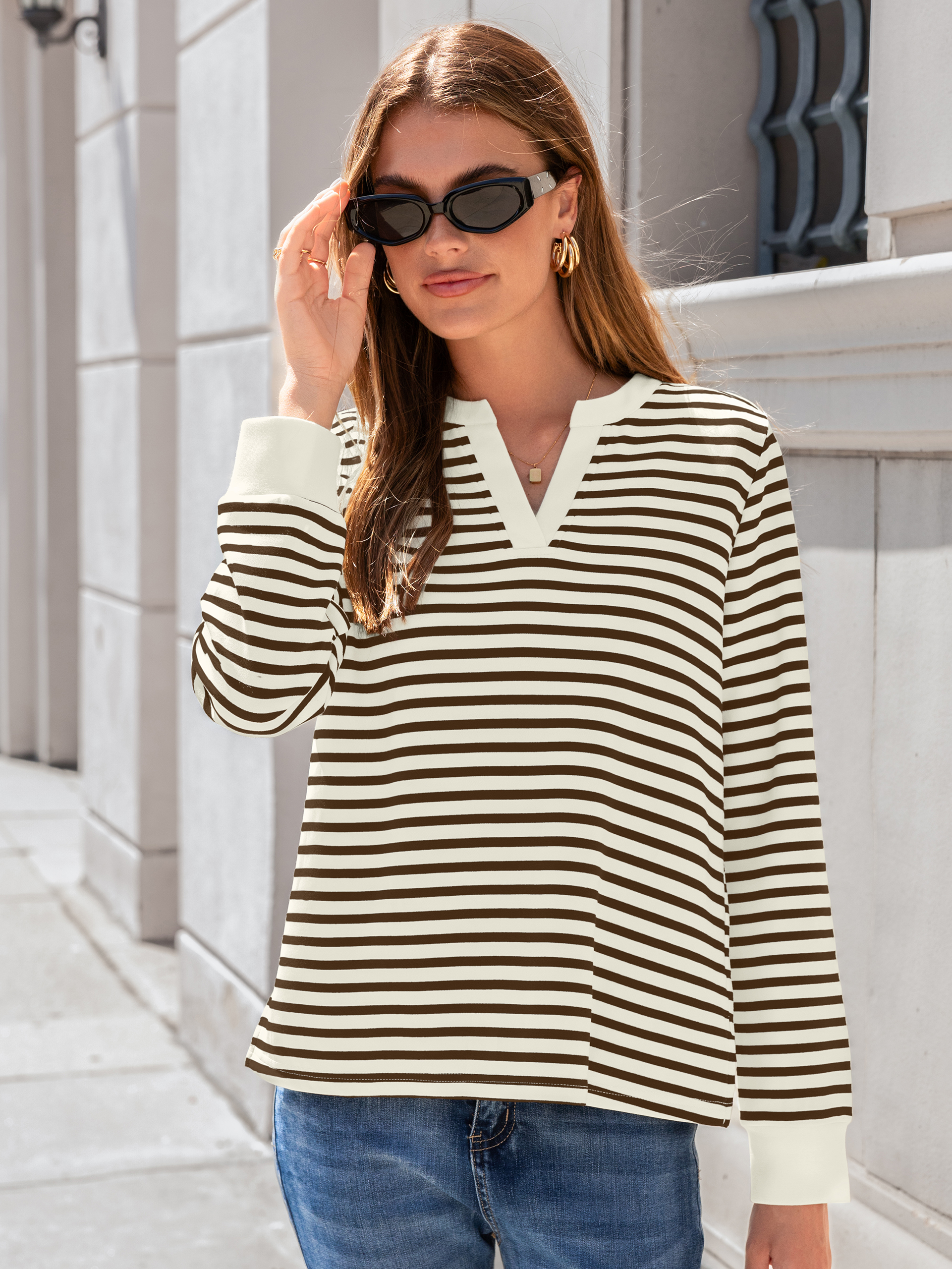 Striped Notch Neck Long Sleeve T-Shirt - Brown