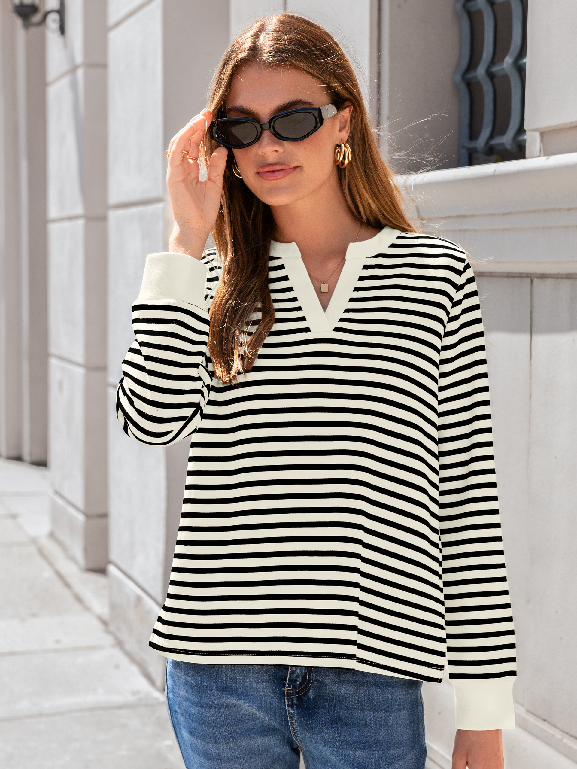 Striped Notch Neck Long Sleeve T-Shirt - Black