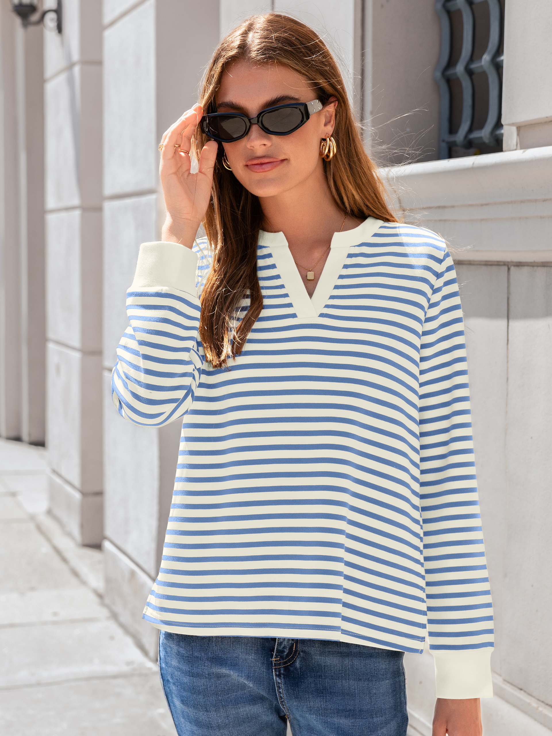 Striped Notch Neck Long Sleeve T-Shirt - Blue