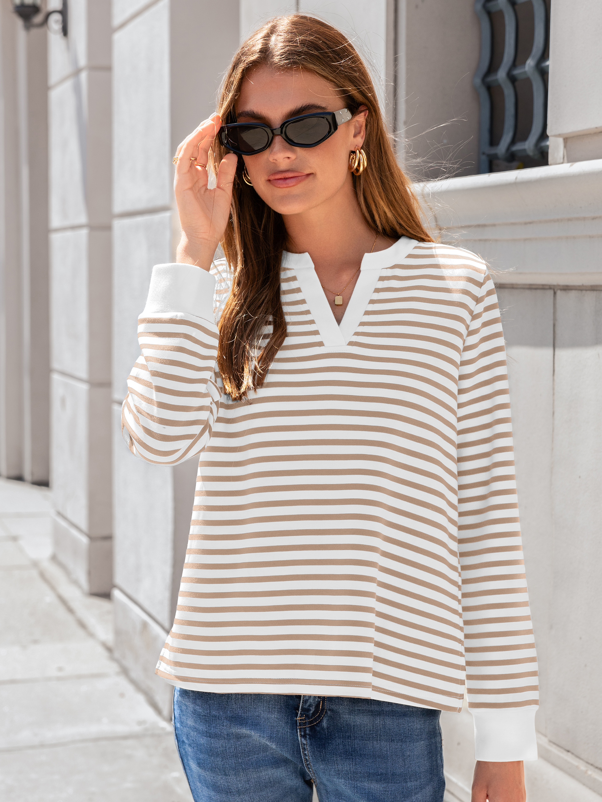 Striped Notch Neck Long Sleeve T-Shirt - Khaki