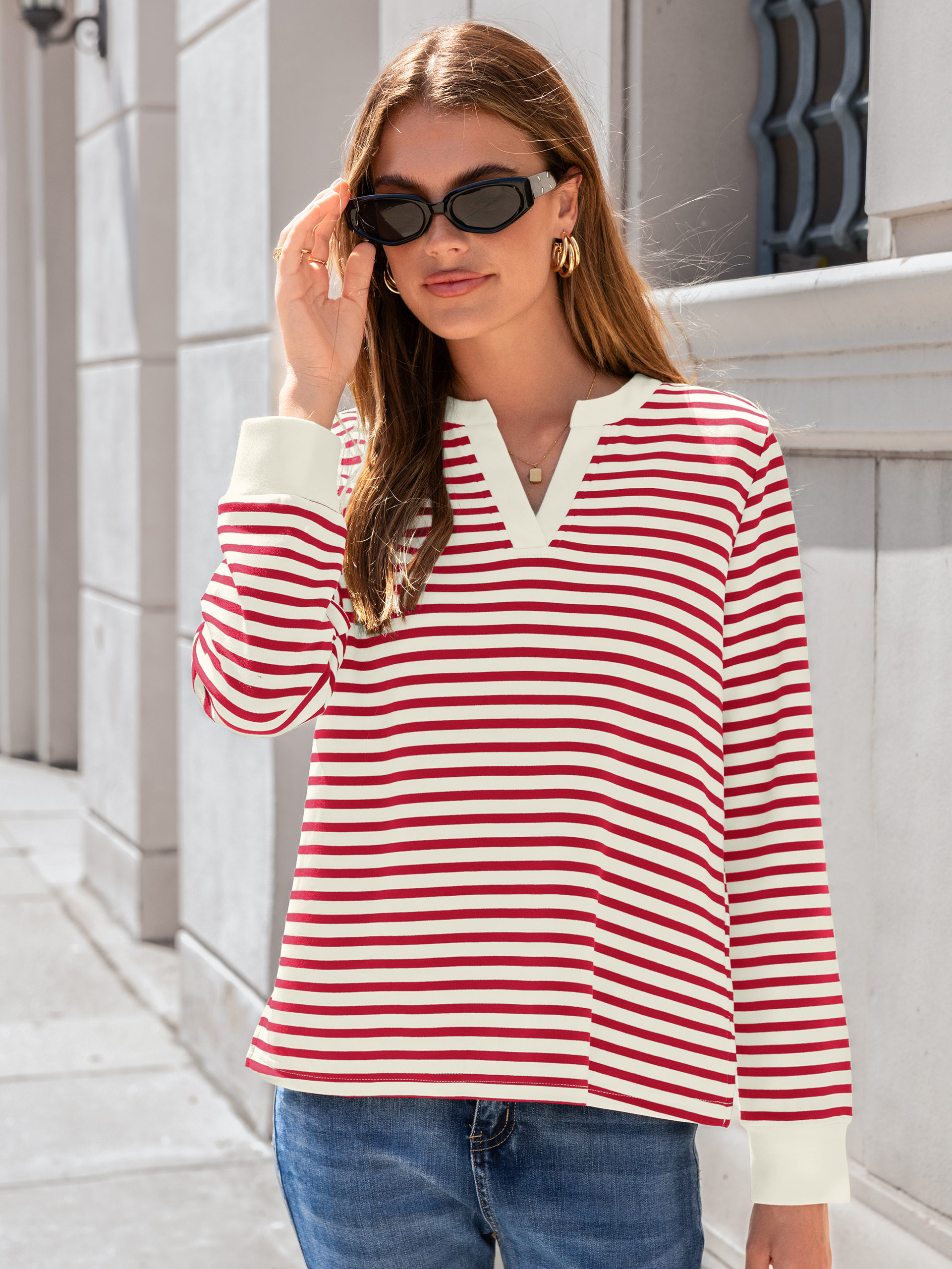 Striped Notch Neck Long Sleeve T-Shirt - Red